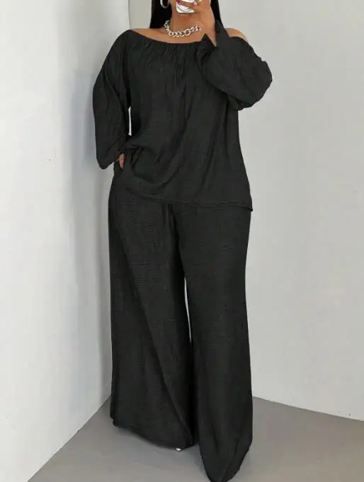 

2025 Spring/summer New Women's Plus Size Single Collar Top Pants Casual Loose Two Piece Set