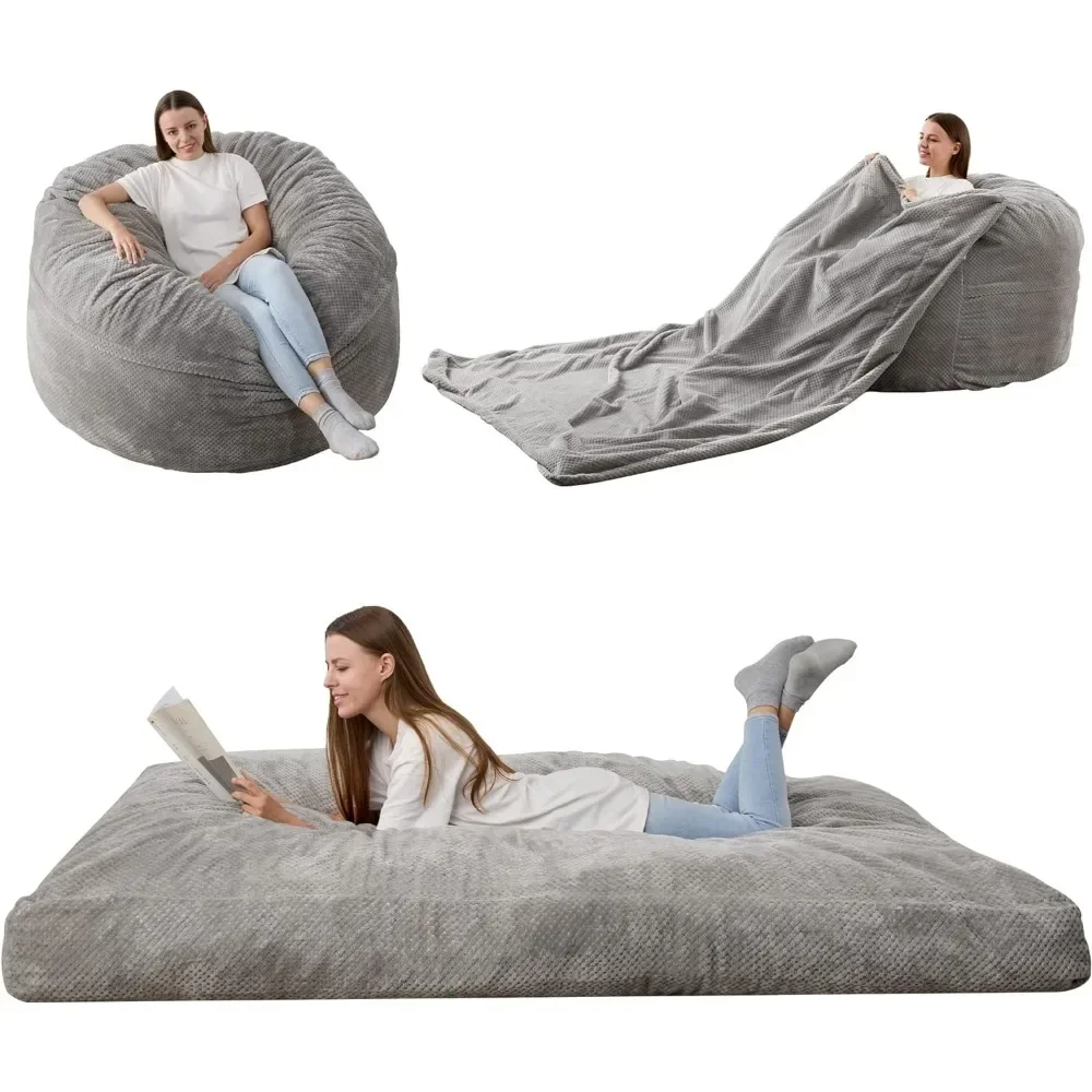 Silla tipo puf gigante con funda de chenilla lavable, ultralarga, convertible, de silla a colchón familiar - Gris completo
