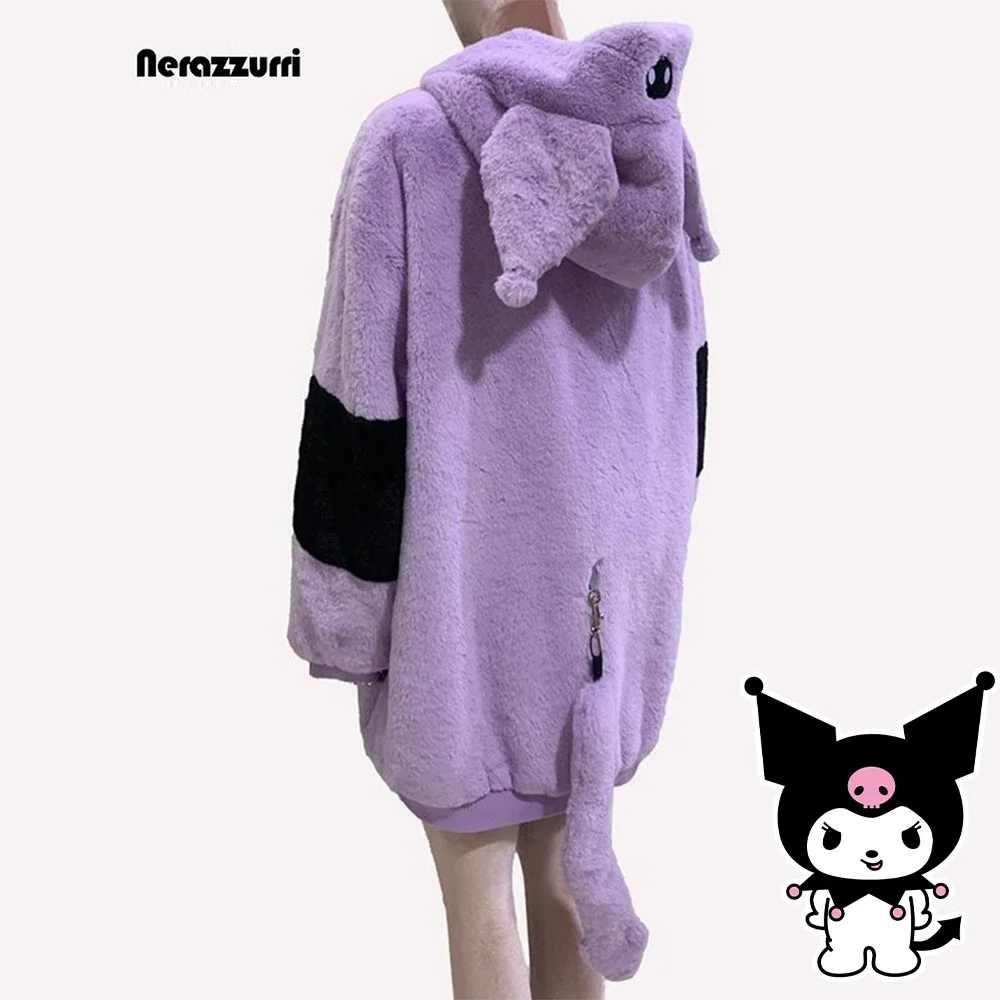 겨울 쿠로미 플러시 코트 여성용 귀여운 애니메이션 재킷 만화 쿠로미 코스튬 소녀 코트 두꺼운 따뜻한 고급스러운 부드러운 꼬리 달린