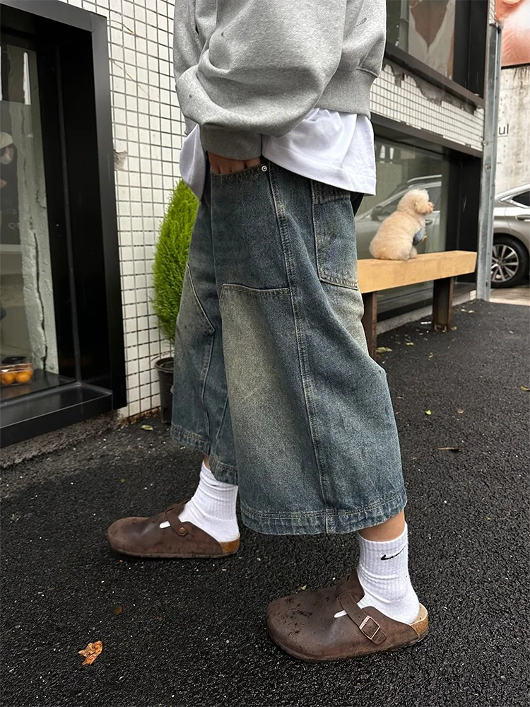 Celana Panjang Denim Pria Gaya Retro Amerika, Model High Street, Potongan Lurus Longgar, Kasual Serbaguna, Tujuh Perempat Kaki, Cocok untuk Musim Panas