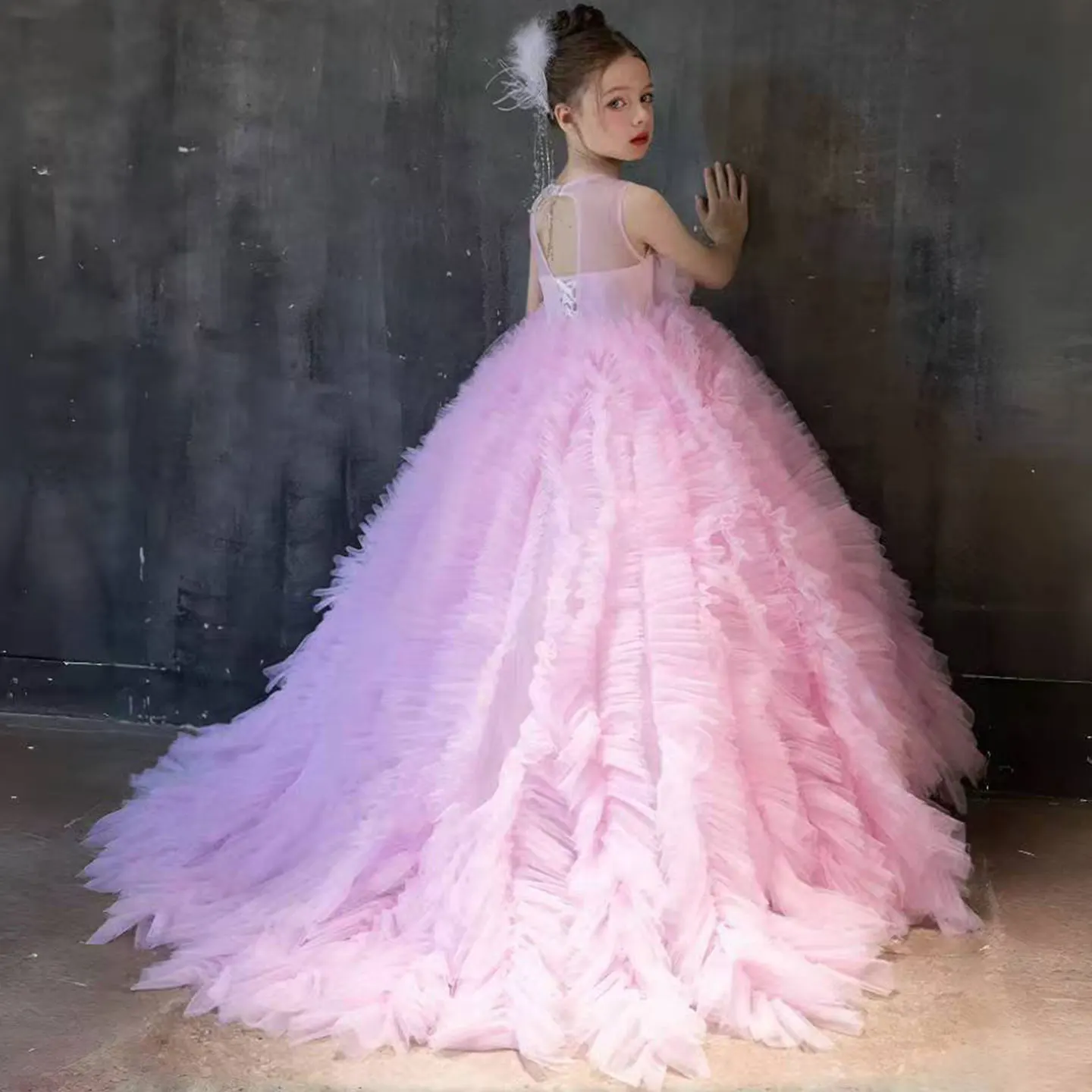 Jill Wish Luxury Pink Girl Dress Handmade Flowers Kids Princess Birthday Wedding Party Children Holy Communion Gown 2025 J039