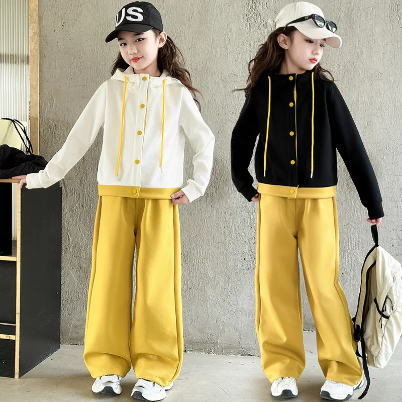 

School Girls Sport Sets Autumn Single-breasted Patchwork Hooded Coat+Elastic Waist Sweatpant Kids Girls Sets Baby Girls 2pcs Set