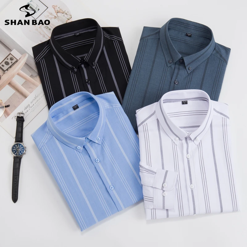 SHAN BAO-Camisa listrada de manga comprida masculina, fibra de bambu, solta, casual, casamento, banquete, luxo, alta qualidade, outono, 2022