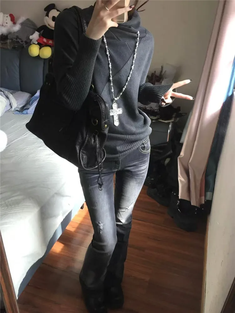 

Американские ретро-джинсы с высокой талией и расклешенными штанинами, женские, больших размеров, черные, облегающие, утягивающие, с низкой посадкой, осенне-зимние