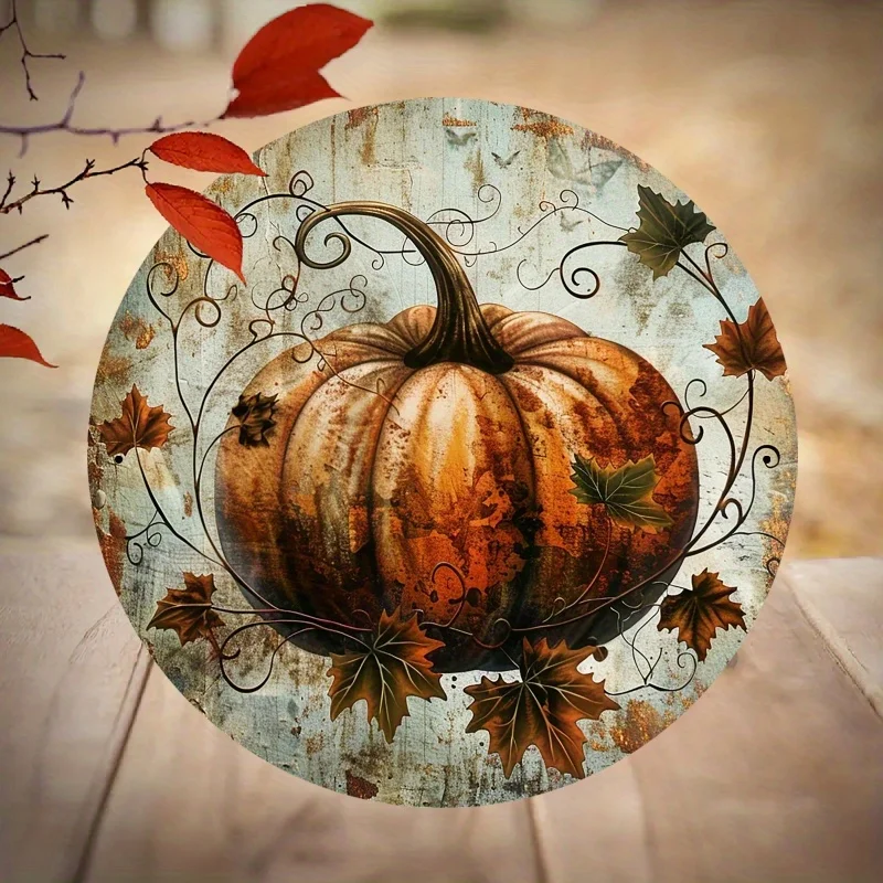 1pc Vintage Autumn Pumpkin Metal Wall Art Sign - 7.87x7.87 inches Round Iron Decor, Rustic Fall Theme with Leaves and Swirls, Pe