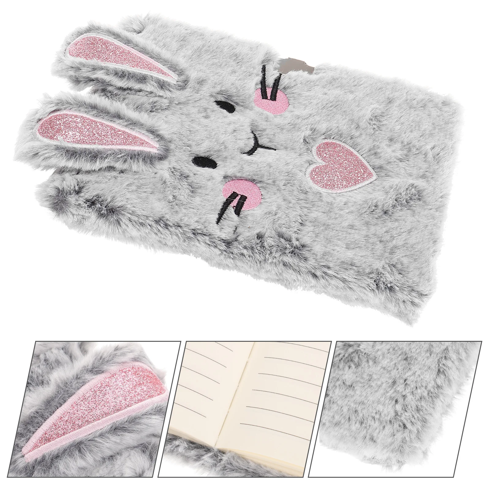 

Kid Gifts Notebook with Lock Fluffy Diary Plush Cover Notepad Lovely Grey Daily Use Cartoon Journal Girl