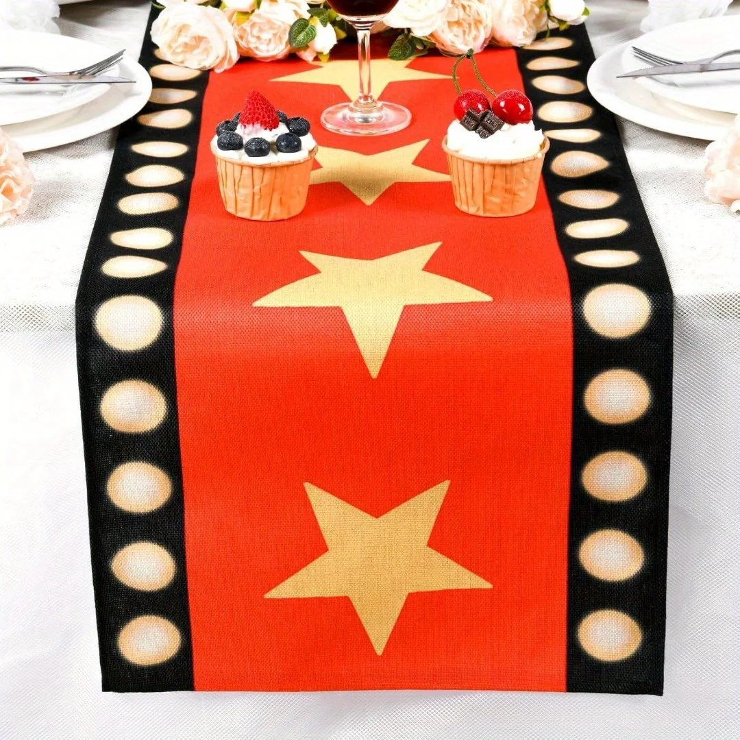 Gold Stars Movie Night Table Runner - Red Carpet Theme Rectangular Cover for Birthday Party Supplies & Banquet Table Decor