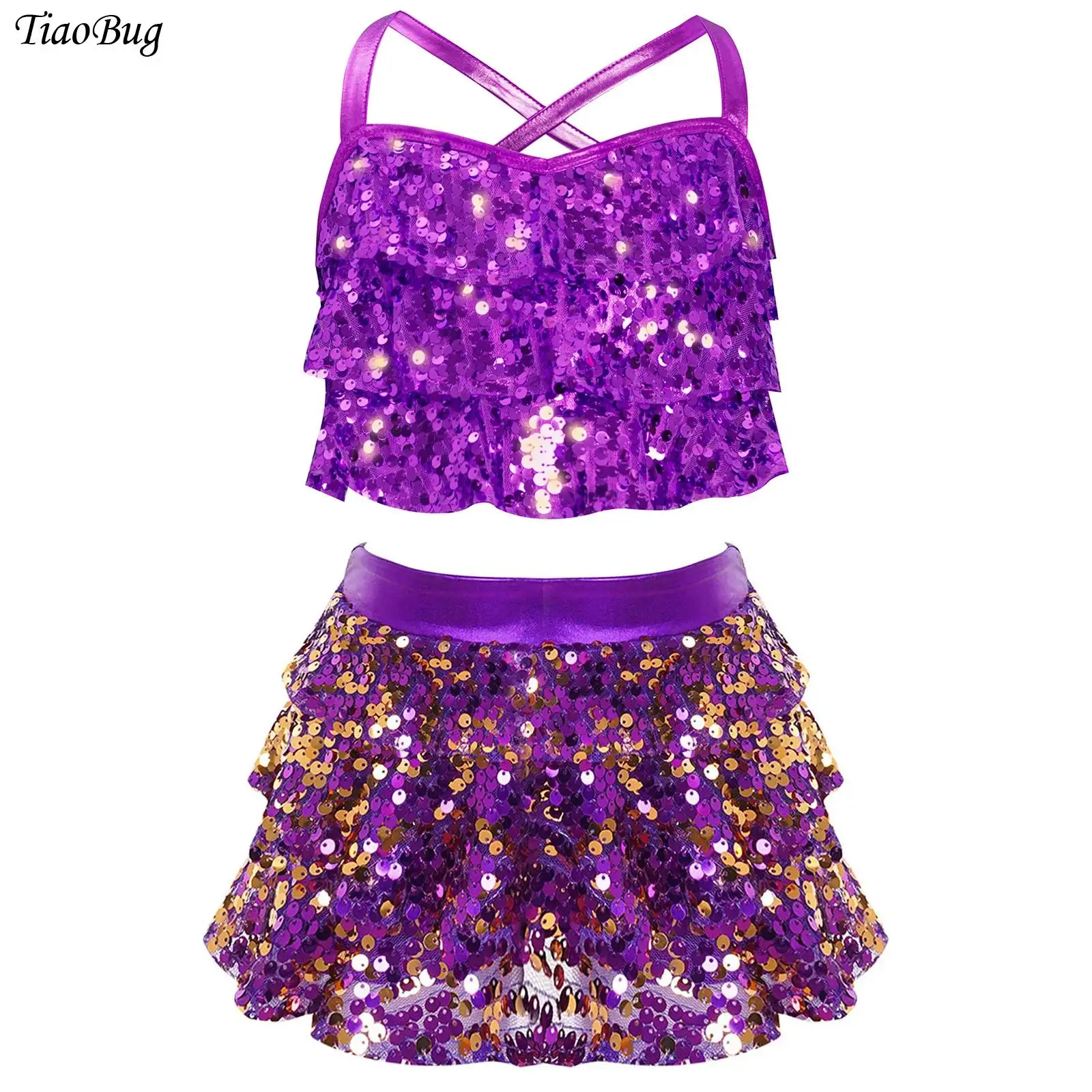 

Girls Jazz Dance Outfit Shiny Sequin Metallic Crop Top with Tiered Culottes Skirted Shorts School Basketball Cheerleading Costum