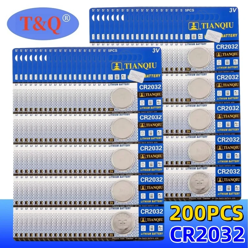 200 PCS CR2032 TIANQIU Battery DL2032 ECR2032 BR2032 2032 3V Lithium Button Cell Coin Battery Long Lasting for Watch Remote