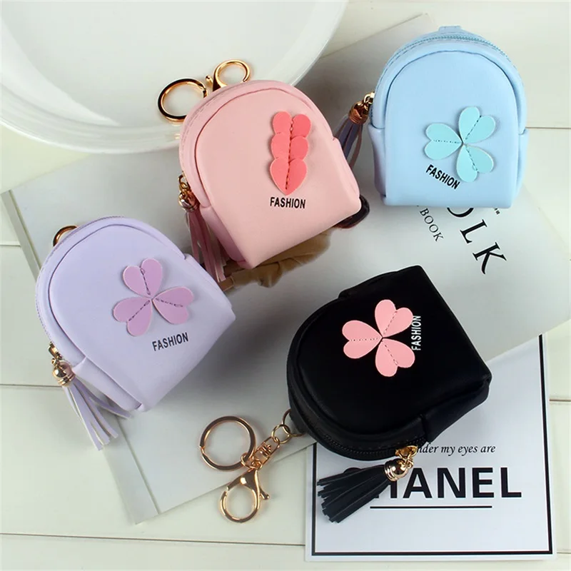 Clover dompet koin semanggi rumbai dompet kecil dompet gantungan kunci dompet koin tas organiser Earphone liontin cincin kunci hadiah anak perempuan