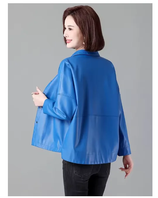 New Women Casual Loose Leather Jacket Spring Autumn Fashion Turn-down Collar Single Breasted Short Leather Motorbike Jacket