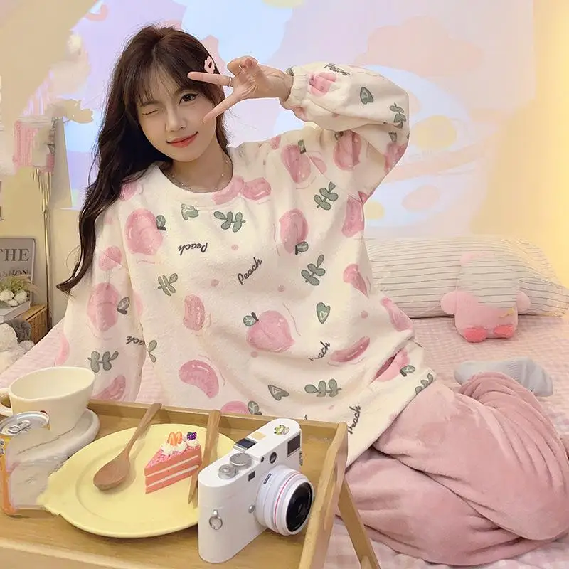 Women's warm long sleeved long pants pajama set girls autumn winter new style cardigan Chinese style home clothes two-piece set