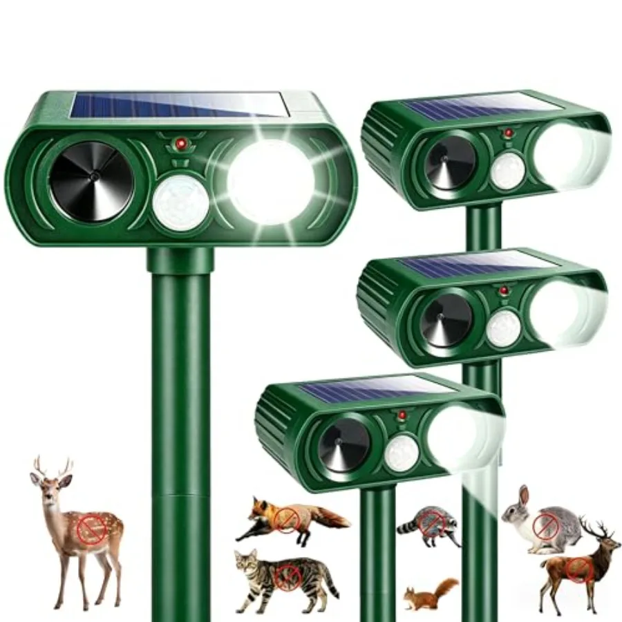 

Outdoor solar ultrasonic deer repellent for yard and garden use, made of weather-resistant plastic in black, featuring motion s