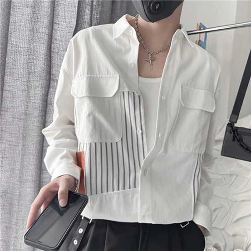 Hit Color Patchwork Striped Pockets Japanese Harajuku Korean Long Sleeve Shirt Men Oversized Blouses Summer Cardigan Fashion Top