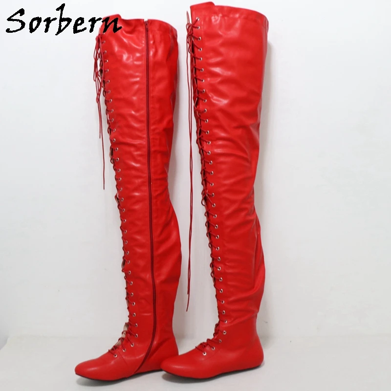 Sorbern Red Matte 97Cm Super Long Boots Women Flat Heels Round Toe Lace Zip Up Winter Style Plush Boots Unisex Custom Colors