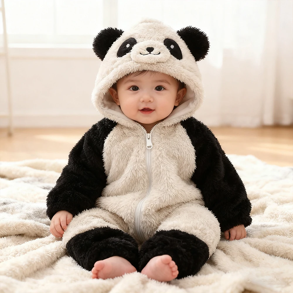 Baby Girl Clothes Panda Pajamas Autumn Winter Keep Warm Boys Home Clothing Newborn Romper Fleece Sets For Children 0-36 months