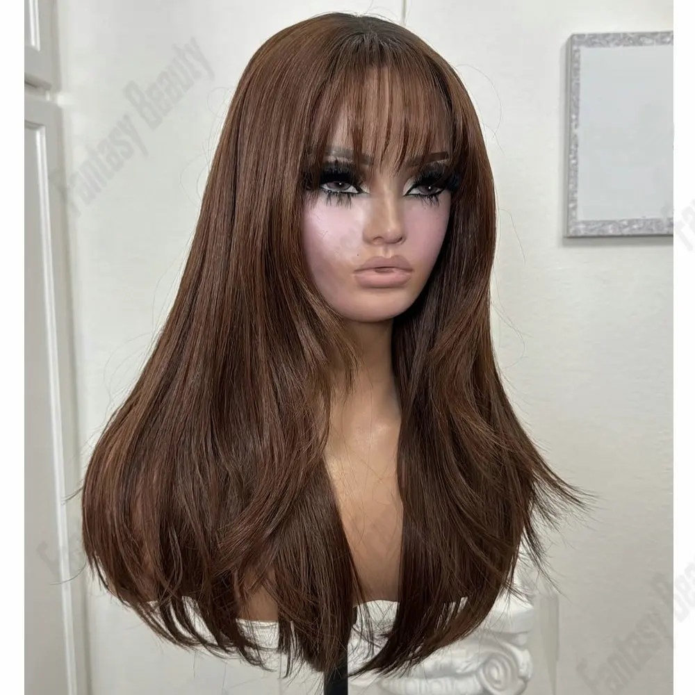 Natural Hairline Full Lace Wig Human Hair Chestnut Browm With Bangs 13*6 Transparent Lace Frontal Wigs for Women European Hair