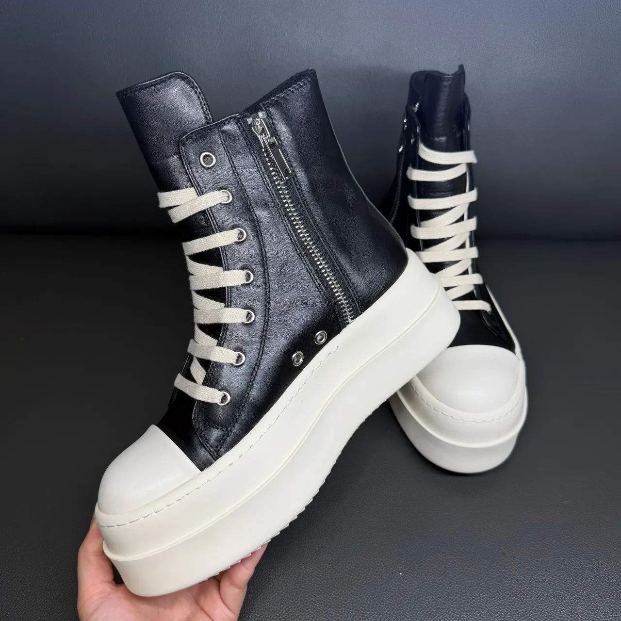 

Luxury Black Leather High Top Sneaker Boots for Men And Women Casual Shoe Lace Up Ankle Boot with 7cm Thick Sole Flat Shoes
