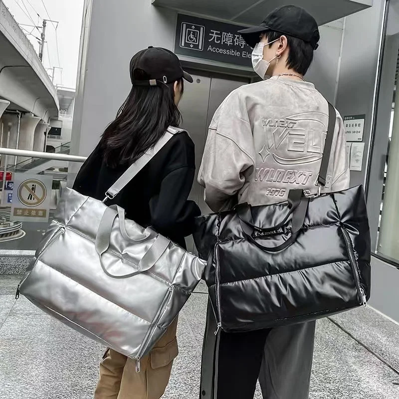 lady\'s fashion tote bag large capacity padded quilted coat bag commuter pillow handbag winter new silver shoulder bag underarm
