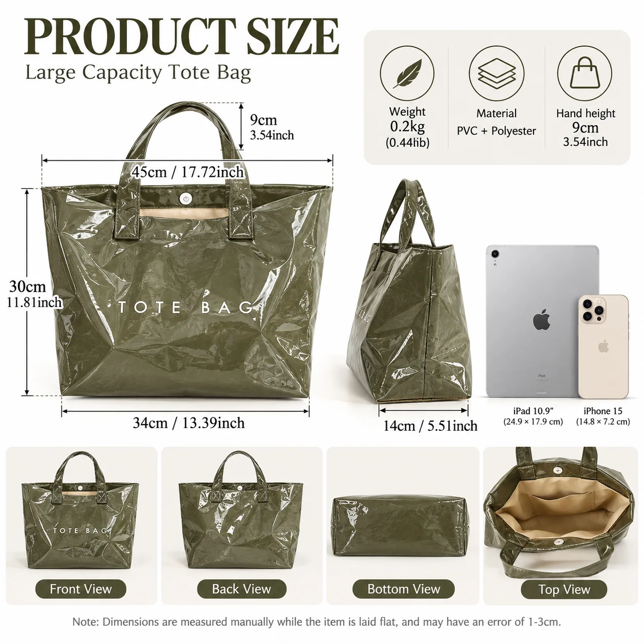 Women's Glossy PVC Tyvek Tote Bag Large Capacity Waterproof Handbag with Polyester Lining, Casual Handheld Shopper Bag for Work image 3