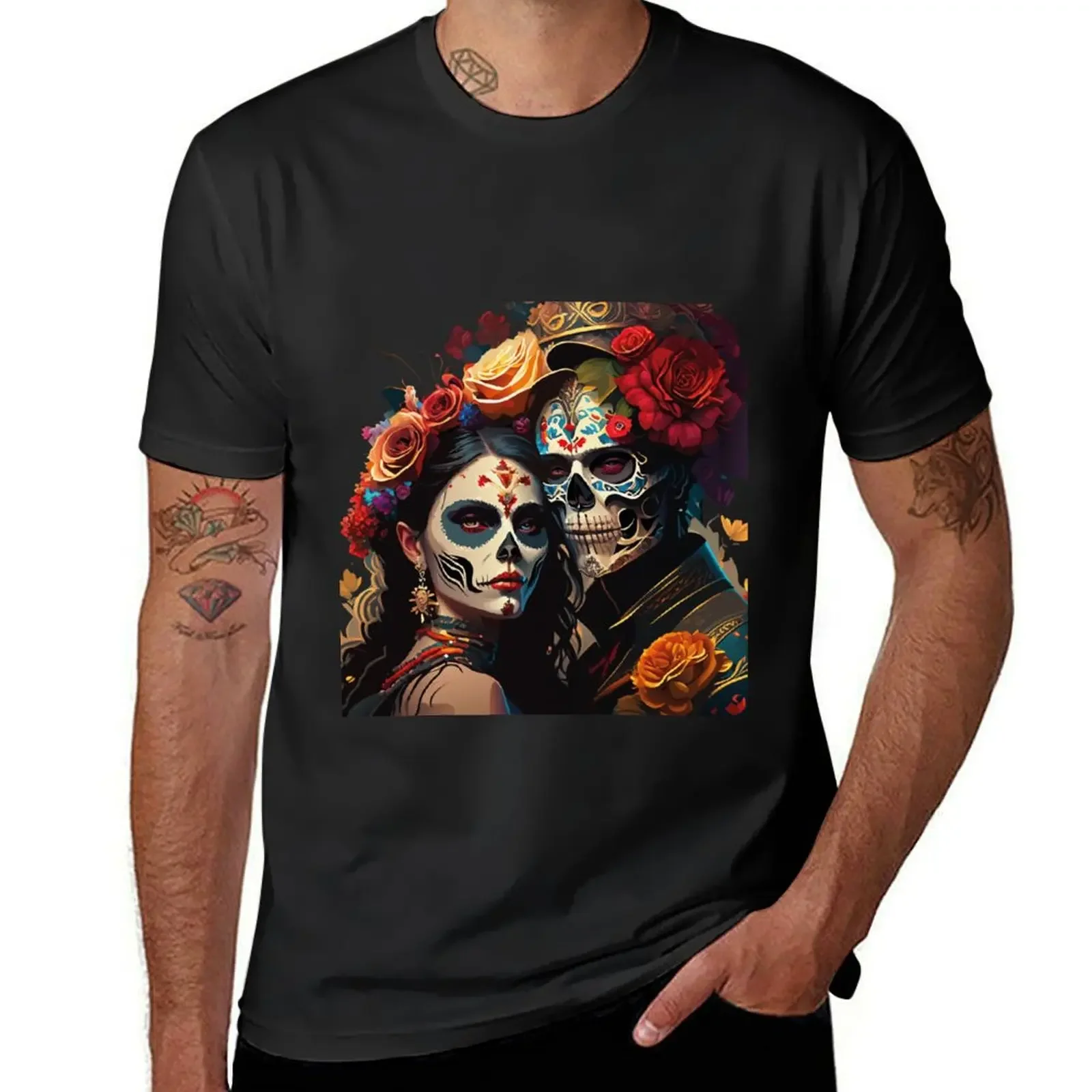 Camiseta holgada con estampado de La Catrina y el Catrín para hombre, ropa de calle kawaii, ropa de entrenamiento, amor y misterio