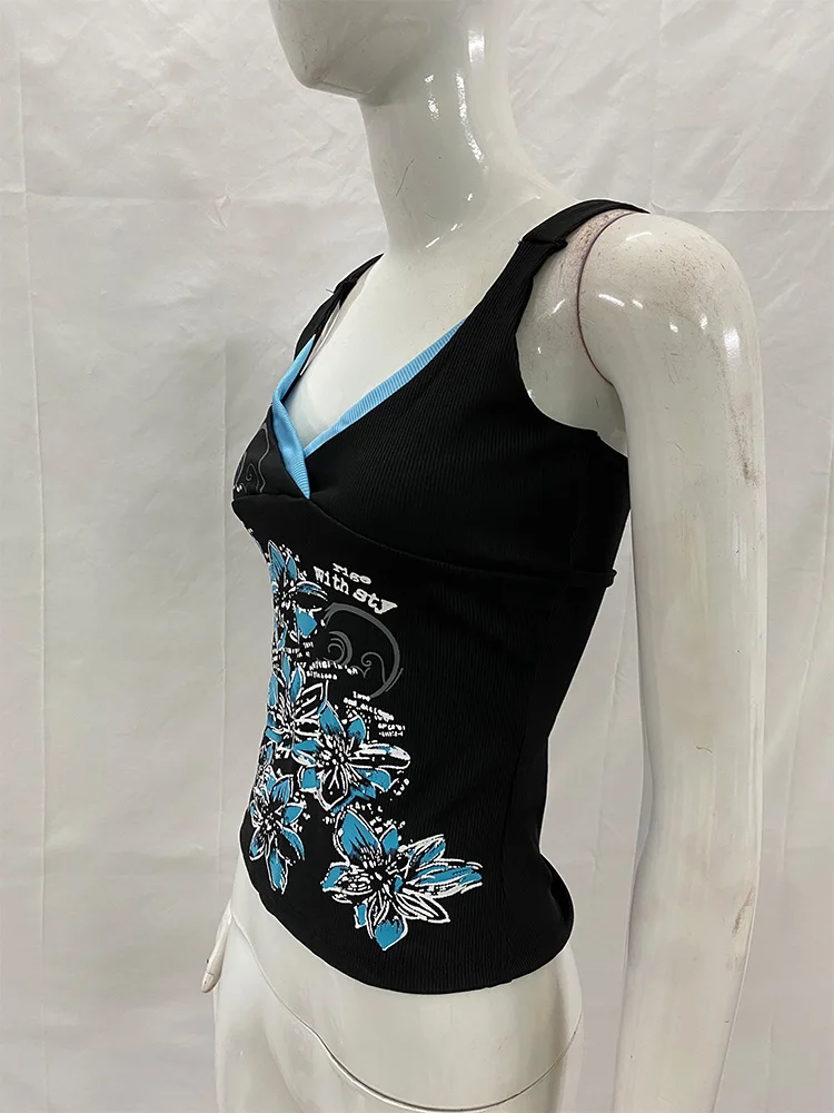 Camisetas Casuais Femininas de Verão com Estampa Floral em Preto e Azul, Decote em V, Lateral com Cordão, Estilo Sexy Slim Y2K Retro