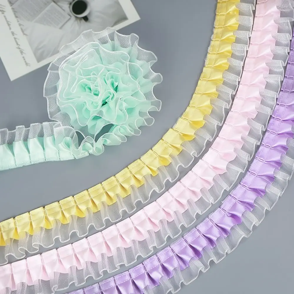 3 Meter 4cm Nähzubehör Plissiertes Spitzenband Doppellagig Mehrfarbig Dekorative Borte Spitzenborte Bekleidungszubehör