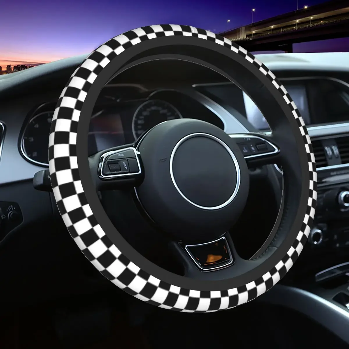 Black White Checkerboard Pattern Steering Wheel Cover for SUV Tartan Car Steering Wheel Protector 37-38cm Auto Accessories