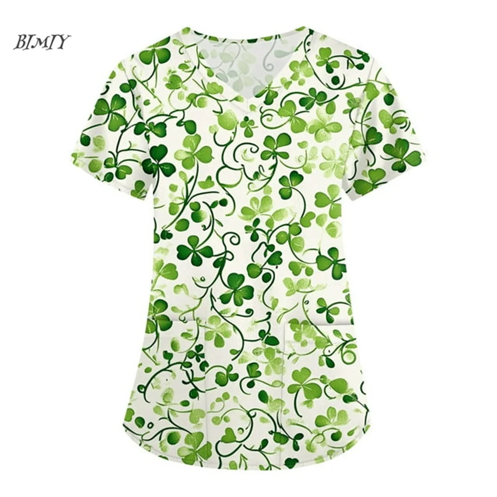 Uniforme médical pour femmes de la Saint-Patrick, hauts pour femmes, uniformes d'infirmière à manches courtes imprimés d'amour, t-shirt haut graphique vert 2025