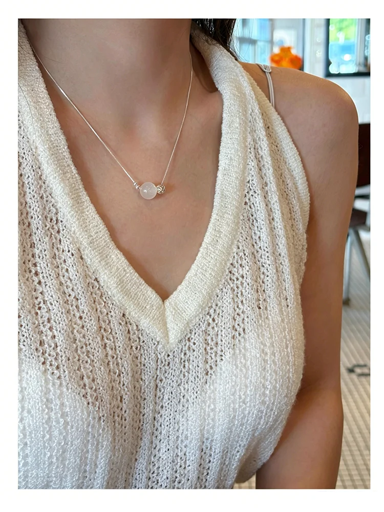 Silberfarbene Halskette mit einzelnem runden künstlichen Imitationskristall-Anhänger für Damen und Herren, Box-Kette, zierlicher Choker, Schmuck, Geschenk – Detail 13
