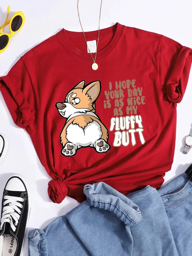 Women'S Summer Cool Tshirts Breathable Casual Tee Clothing Street Creativity Crop Top Fluffy Butt Kawaii Corgi Printed T Shirt