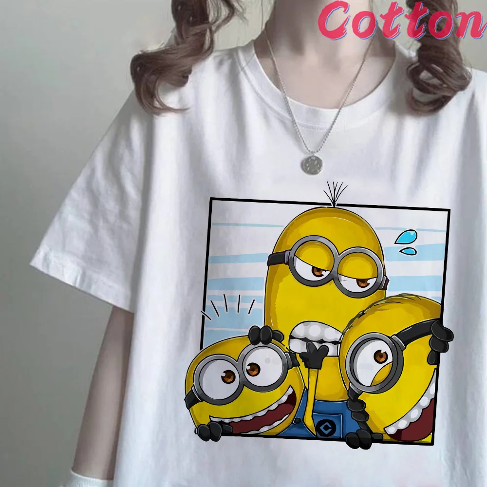 Camiseta minions engraçada para mulheres, camiseta estampada, tops de algodão, camisetas com pescoço o, estilo verão, camiseta feminina, moda feminina