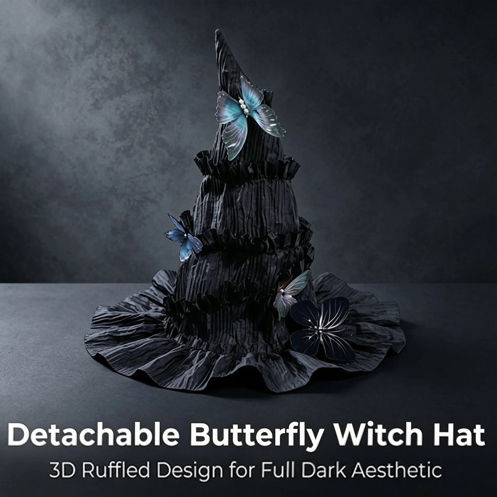 Versatile black witch hat with blue butterfly embellishment, multi-layered pleated witch hat, suitable for Halloween, costume pa