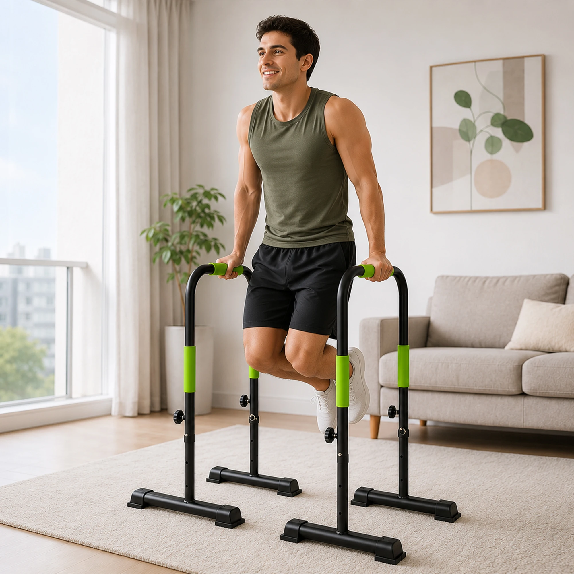 Station de dips réglable en hauteur, barres parallèles robustes en métal, support de pompes avec poignées en mousse épaisse, base antidérapante, équipement de musculation multifonctionnel pour dips, tractions et entraînement corporel à domicile