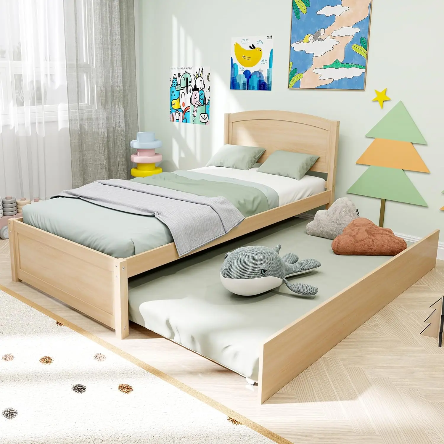 Twin Trundle Bed, Solid Wooden Pull Out Bed Frame, Extendable Day Bed with Headboard and Soild Wood Slats Support,, Customized