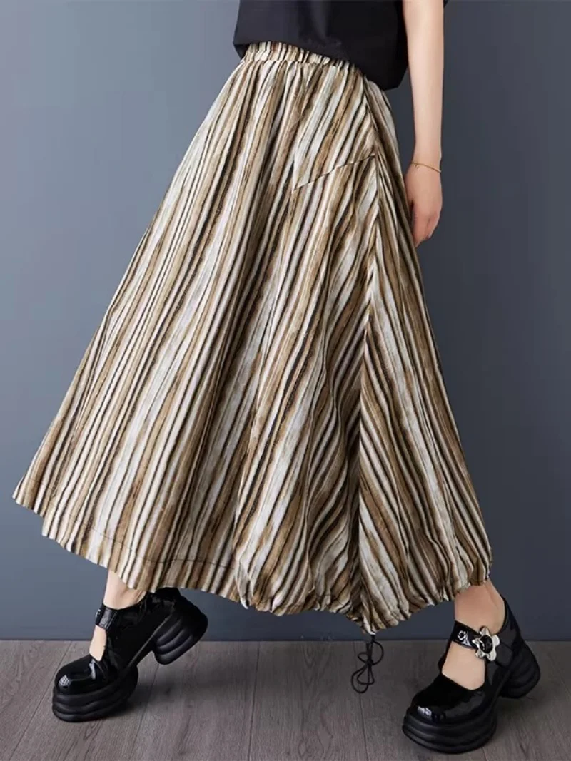 Japanese Style Striped Temperament Skirt Women Spring Summer New Loose Casual Elastic Waist Drawstring Hem Long Skirts