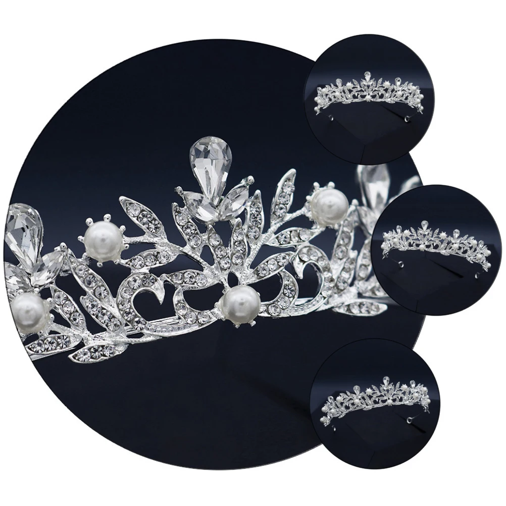 

1pc Women Rhinestone Pearl Crown Headband Headdress Lightweight Sparkling Wedding Party Festival Roleplay Accessory Silver
