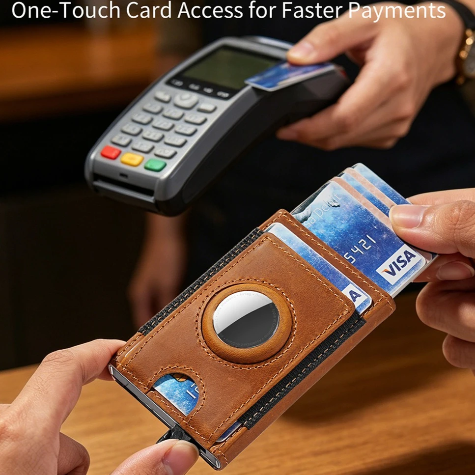 Ultra Slim AirTag Card Holder for Men - RFID Minimalist Wallet with Elasticity Band Thin Purses, Holds 6-8 Cards with ID Window