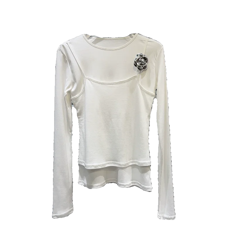 Trendy Metal Flower Pin Long Sve Base Layer Mo Two-Piece T-irt for Young Women Ele Sle Cotton round Ne Spring