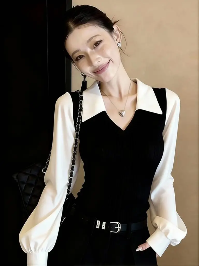 Casual Loose Polo Neck Knitwear Women Knit Fake Two-Piece V neck Puff Long Sleeve Pullover Work Wear Layered Jersey Sweater