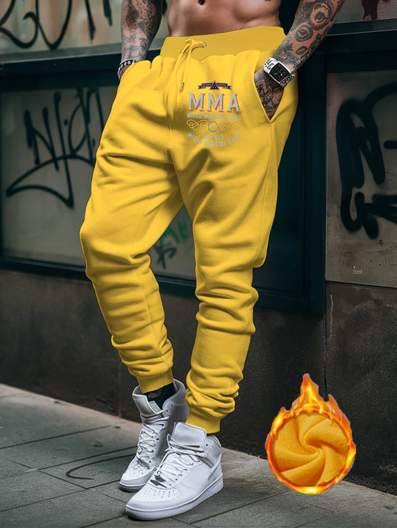 Fight‑theme Men Sports Sweatpants Retro Combat Badge Print Trousers Plus Size Mens Pants Winter Fleece Lined Mens Pants Outdoors