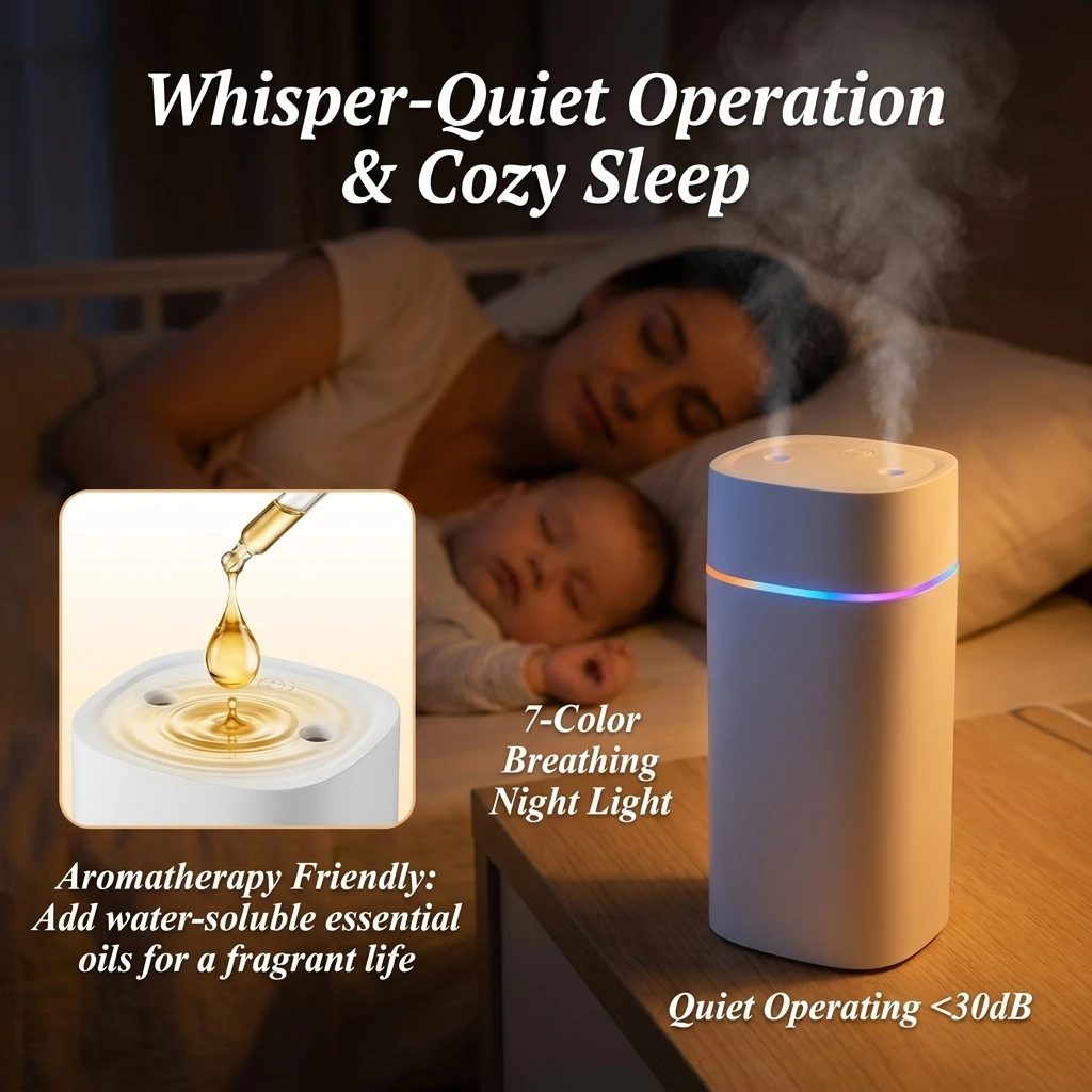 Dual Nozzle USB Humidifier With Timer, 600ml 2 Speeds 7-Color Night Light, Cool Mist Air Humidifier for Car Office Home Use
