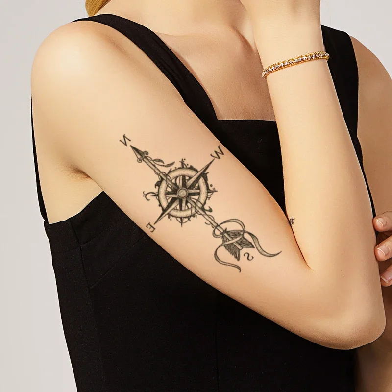 

Black Compass Temporary Tattoo Stickers Cool Arrow Vine Letters Deign Fake Tatto Waterproof Tatoos Arm Large Size for Women Men