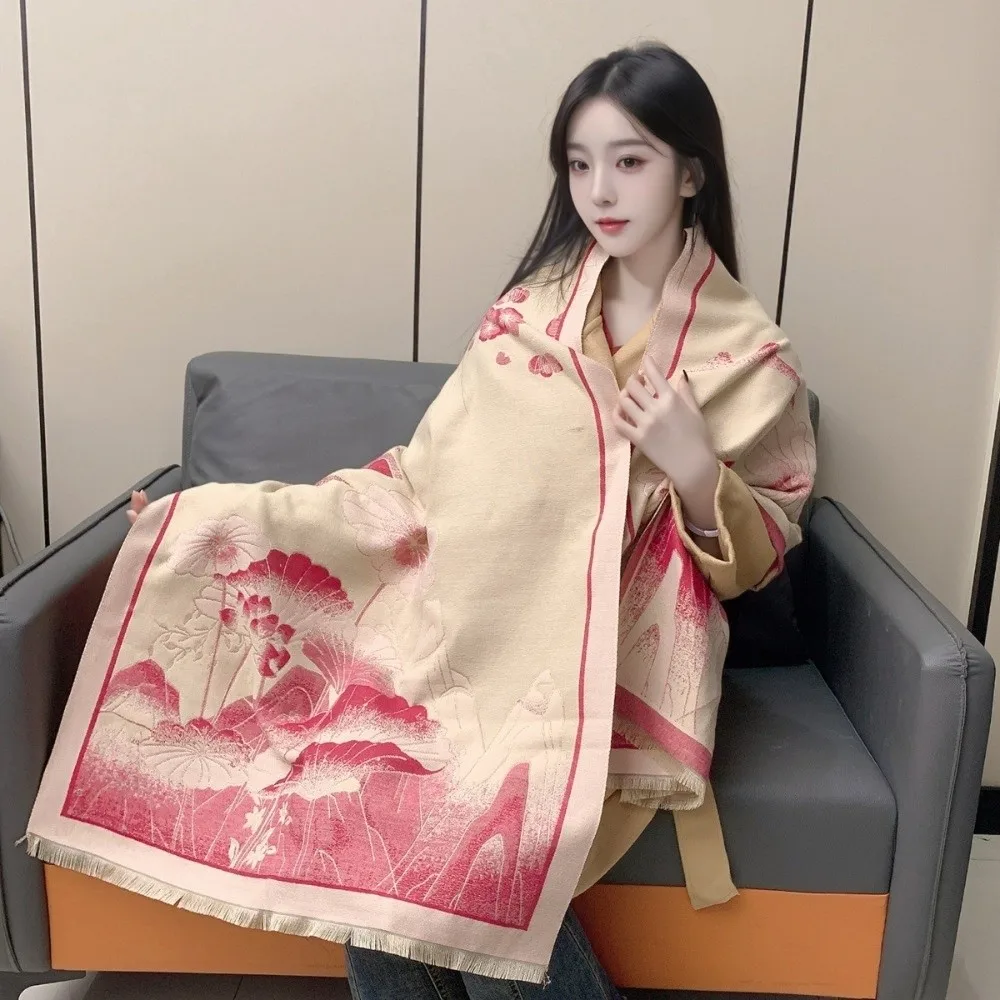 

Шарф из искусственного кашемира в китайском стиле, тема живописи тушью, ветрозащитное одеяло из пашмины, двусторонние теплые шарфы-пончо