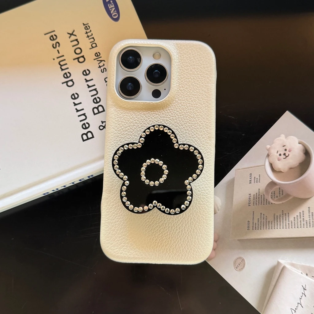 

Simple White Leather Black Flowers With Holder Shockproof Protective Phone Cover Case for iPhone 16 15 14 13 12 Pro Max