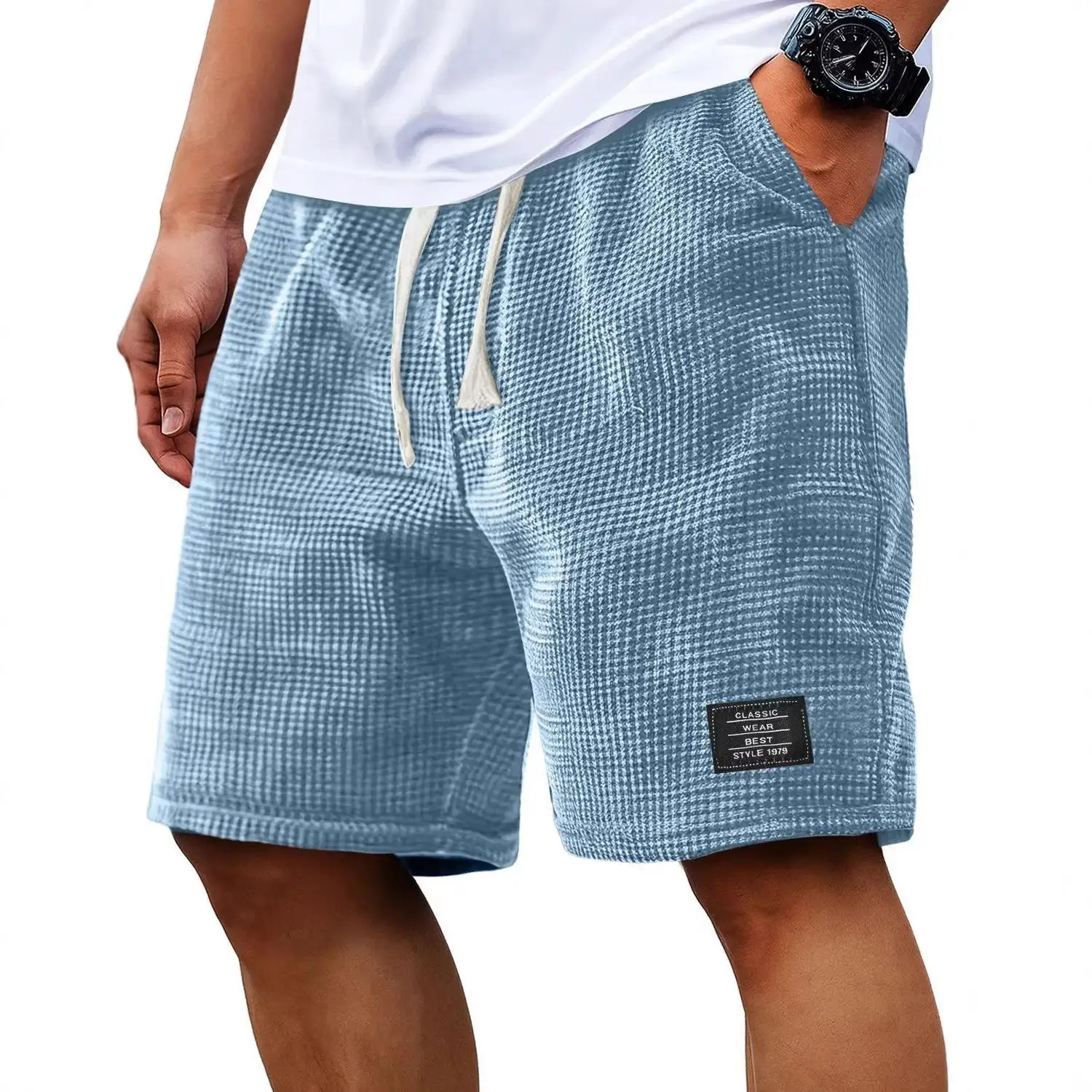 Herren-Shorts, einfarbig, mittlere Taille, Sommer, Waffelstruktur, tiefer Schritt, Kordelzug, lockere, knielange, lässige Shorts – Detail 13