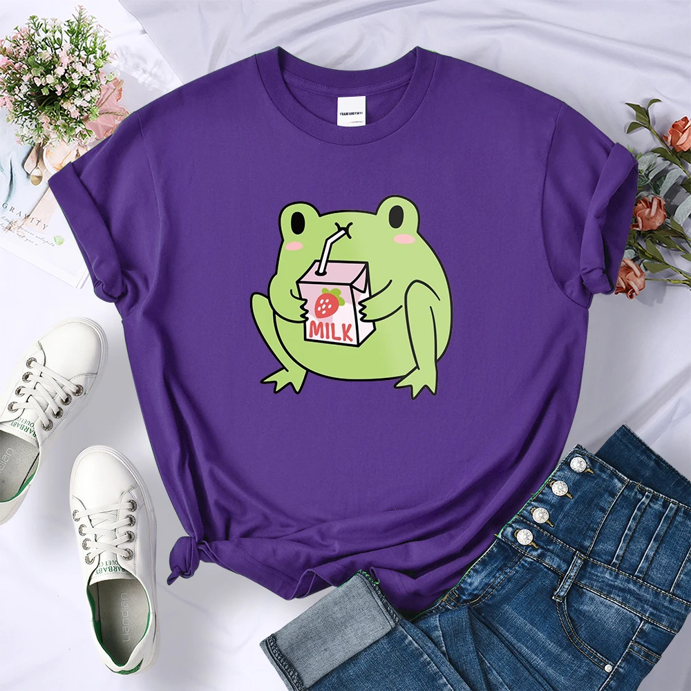 Cute Strawberry Milk Frog Metal Print T Shirts Women Fashion Loose T-Shirt Street Summer O-Neck Tops cool Quality Woman T-Shirts