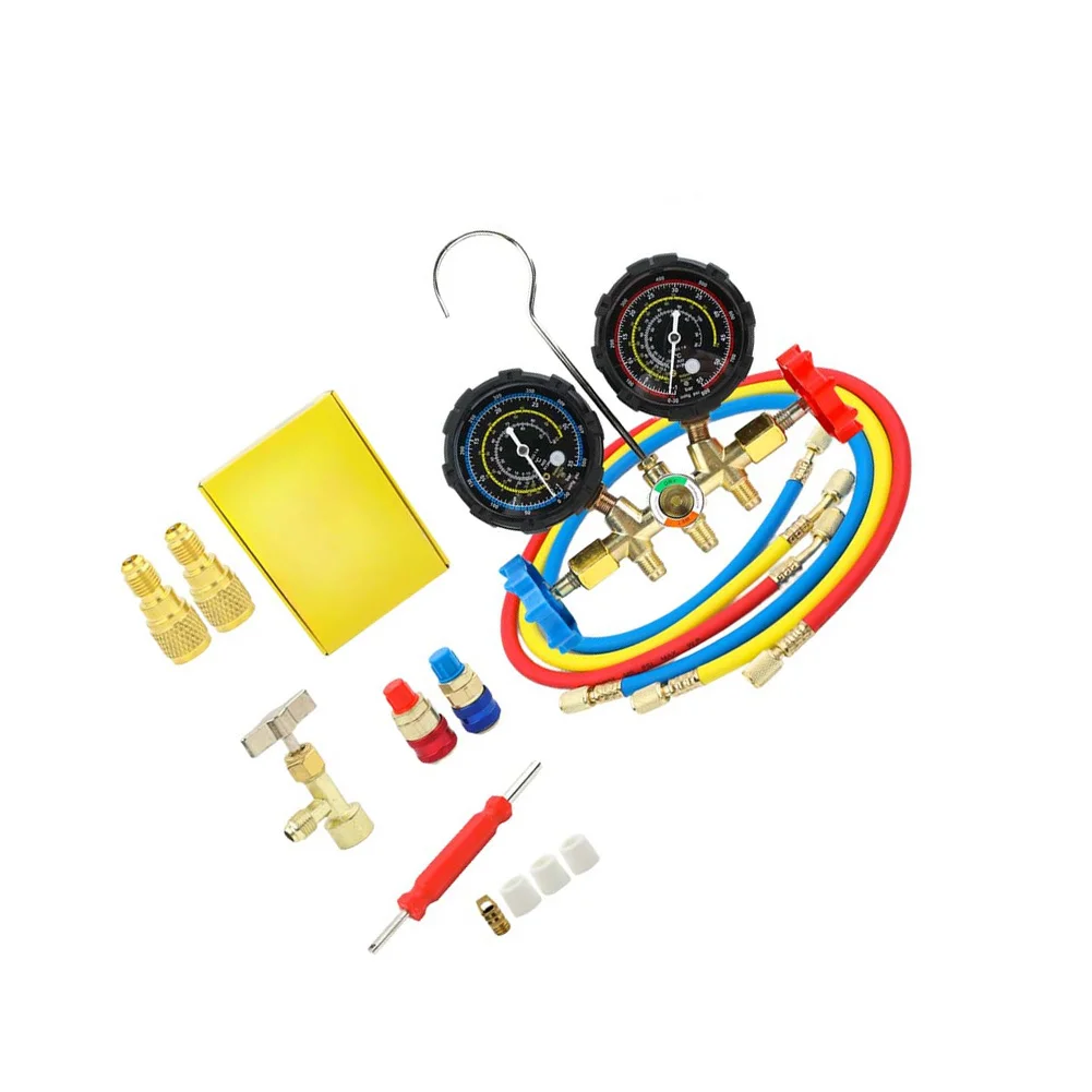 AC Manifold Gauge Set Dual Pressure For HVAC Refrigerant Charging With Sight Glass Alloy Body And Hoses R22 R410A Tool Kit