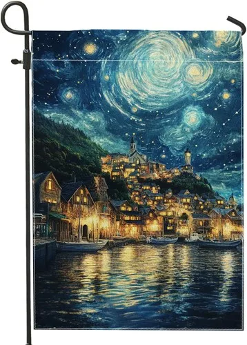 Starry Night Garden Flag, Blue Swirling Sky Landscape Garden, 12x18 Inch XXQ