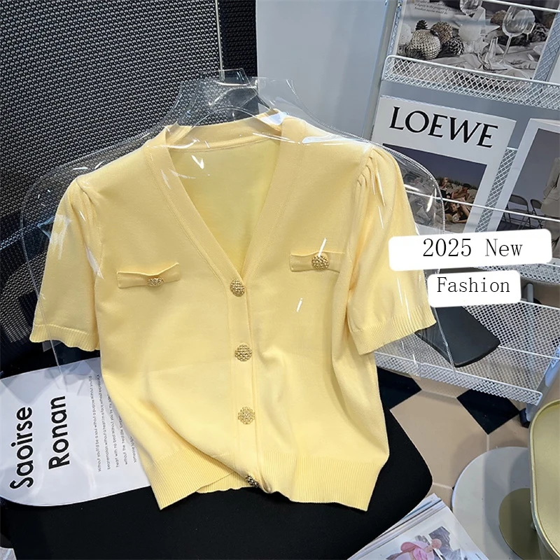 

Ice Silk Yellow Knitted Short Sleeved Sweater T-shirt Women's Summer 2026 New V-neck Cardigan Korean Loose Single Breasted Top